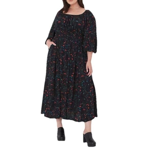 Lane Bryant Black Floral Maxi Dress Size 14 3/4 Sleeve Pockets Stretch NWT - Picture 1 of 16